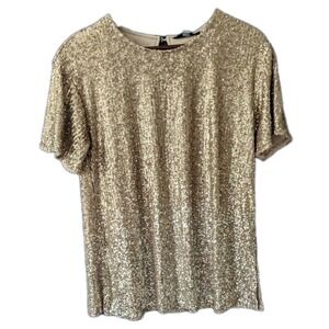 Cable & Gauge Womens Sequins Short Sleeve Top M Scoop Neck Lined Gold Champagne